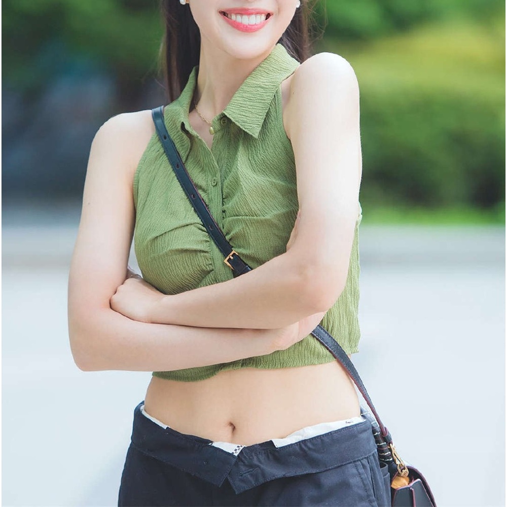 Cider Solid Texture Collar Crop Top - image 7